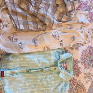 Carter's Beige Plaid and Blue Vehicle Print Onesies with Striped Shirt